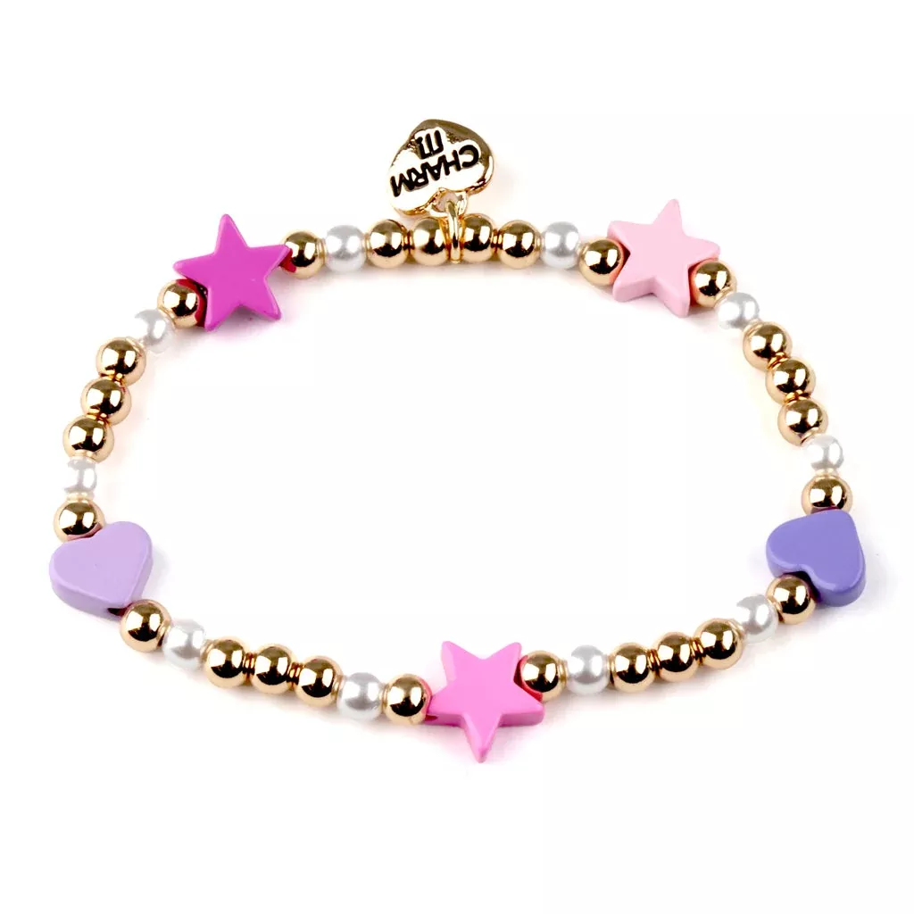 Gold Heart and Star Stretch Bead Charm Bracelet for Kids