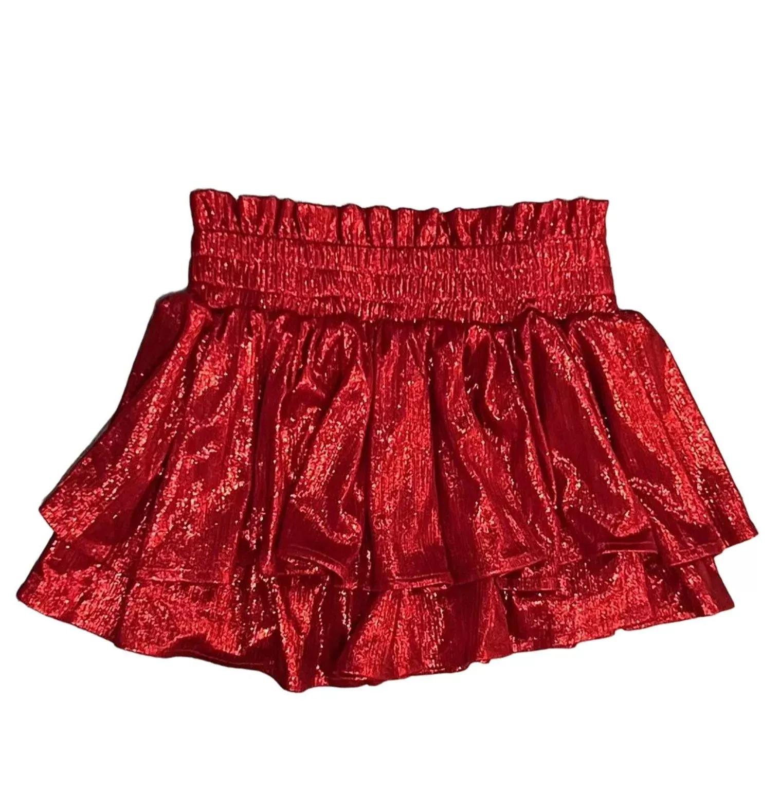 Red Plisse Shine Tiered Skort