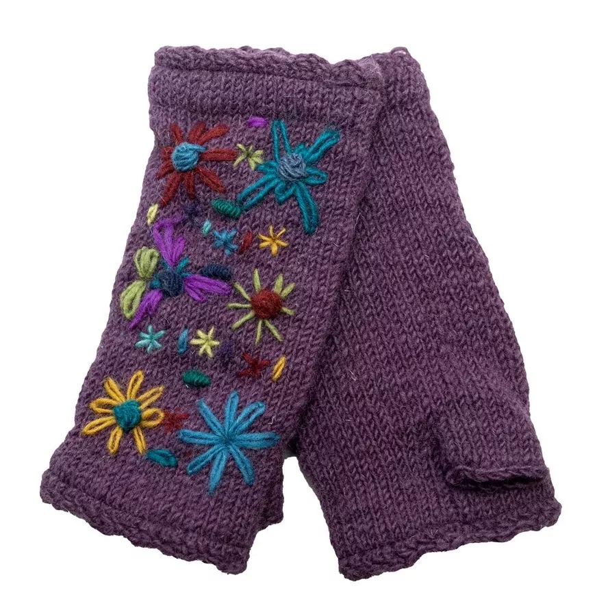 Wool Arm Warmers Purple With Flowers